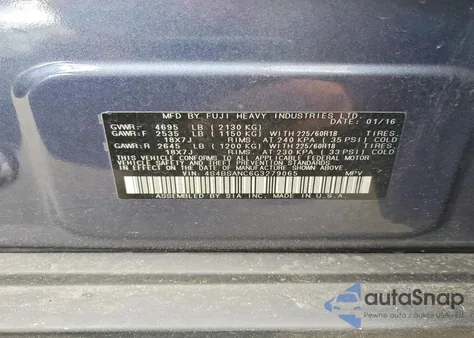 2016 Subaru Outback 2.5I Limited z USA, uszkodzony, nr VIN 4S4BSANC6G3279065